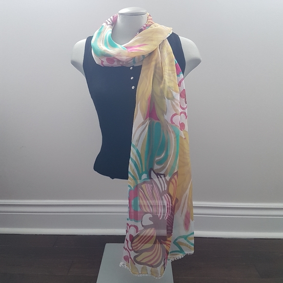 Floral & Butterfly Scarf -White Crochet Trim - Picture 2 of 5